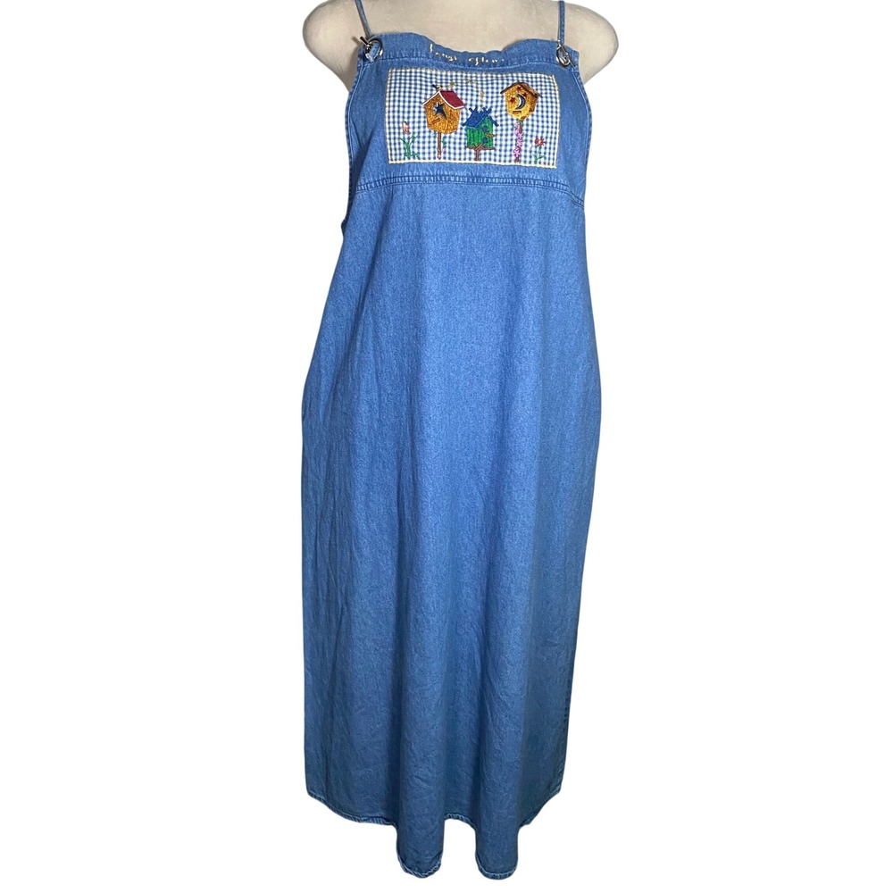 VTG Embroidery Quacker Factory Cottagecore Denim Birdhouse Overall Maxi Dress-2X